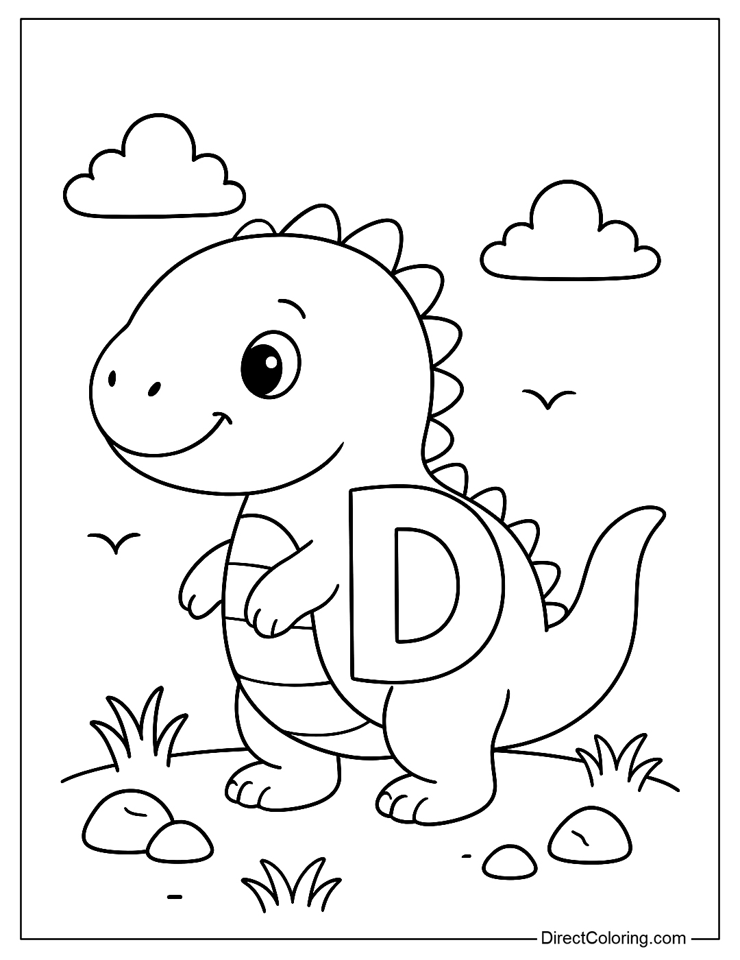 A letter D coloring page carved on the back of a cute smiling dinosaur.